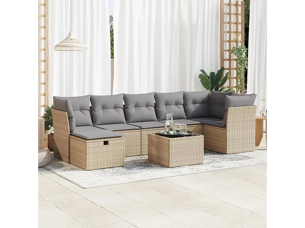 Set de sofás de jardín y cojines 8 piezas ratán sintético beige