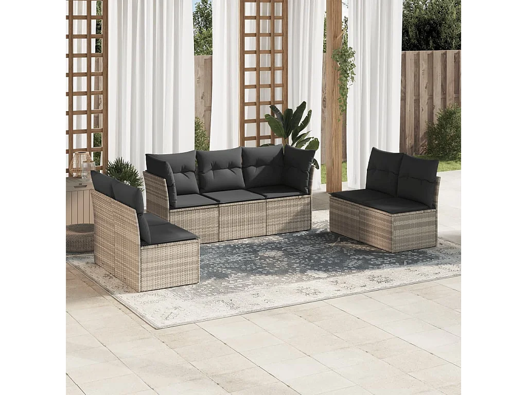 Set de sofás de jardín 7 piezas con cojines ratán PE gris claro
