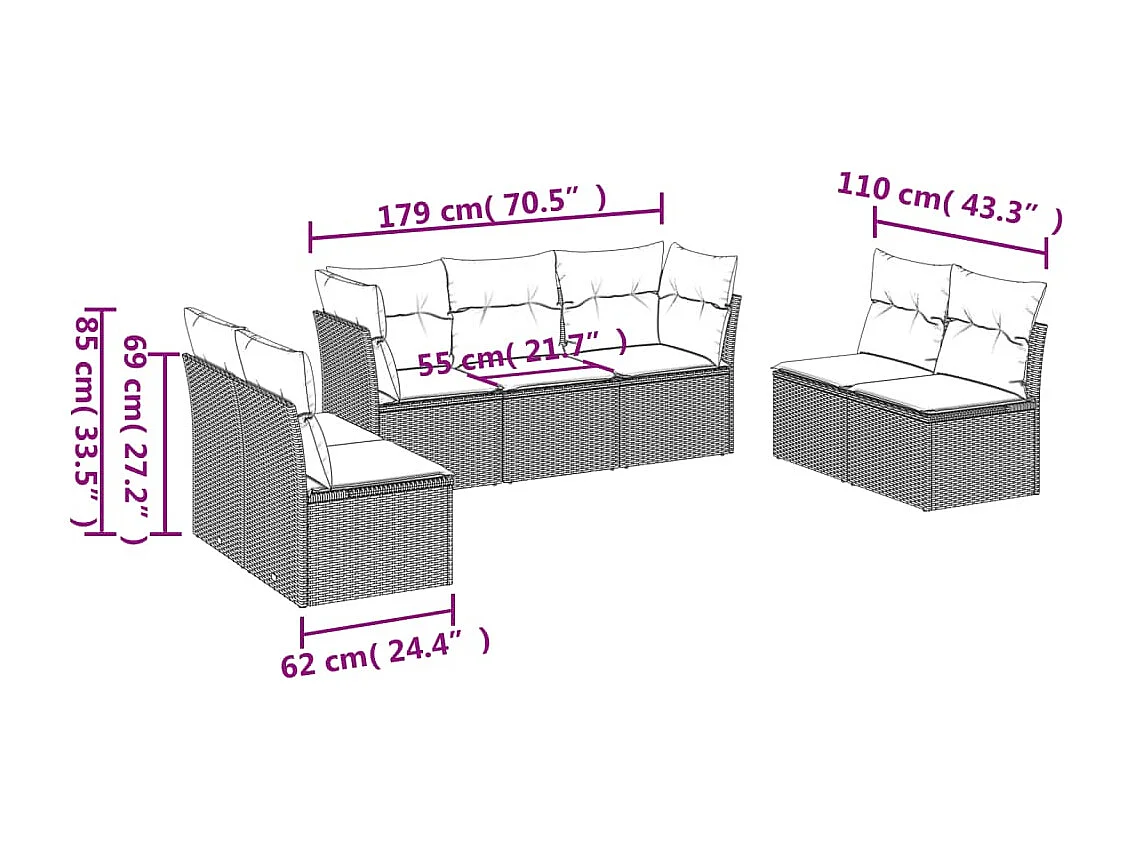 Set de sofás de jardín 7 piezas con cojines ratán PE gris claro