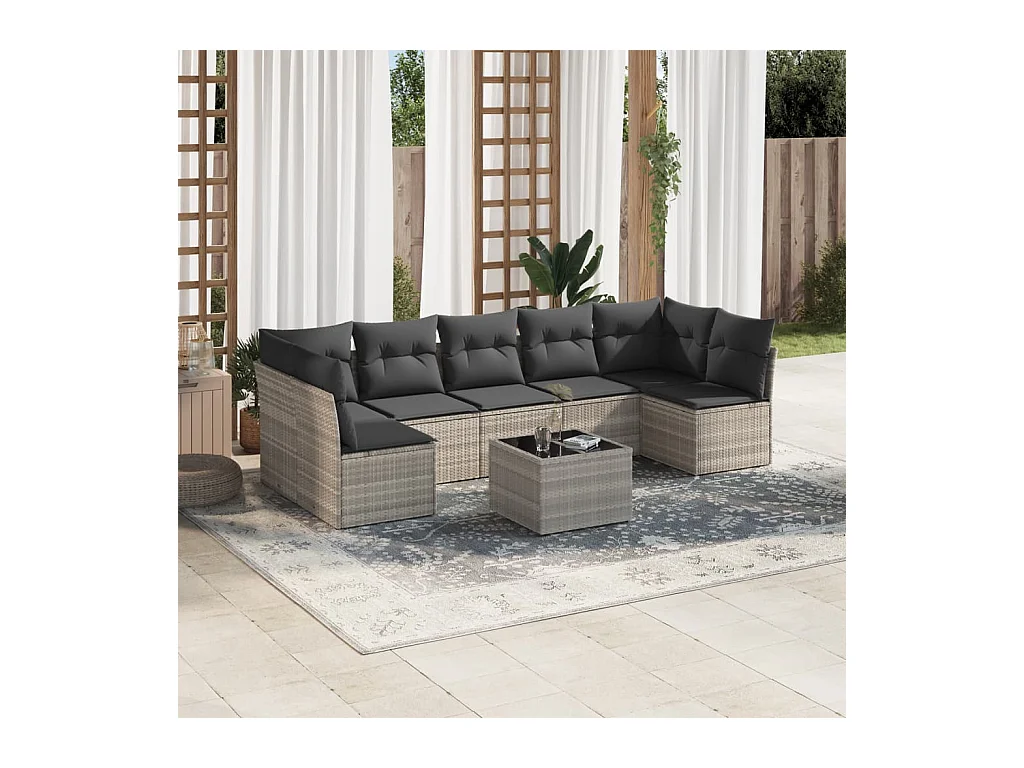 Salon de jardin 8 pièces avec coussins gris clair résine tressée