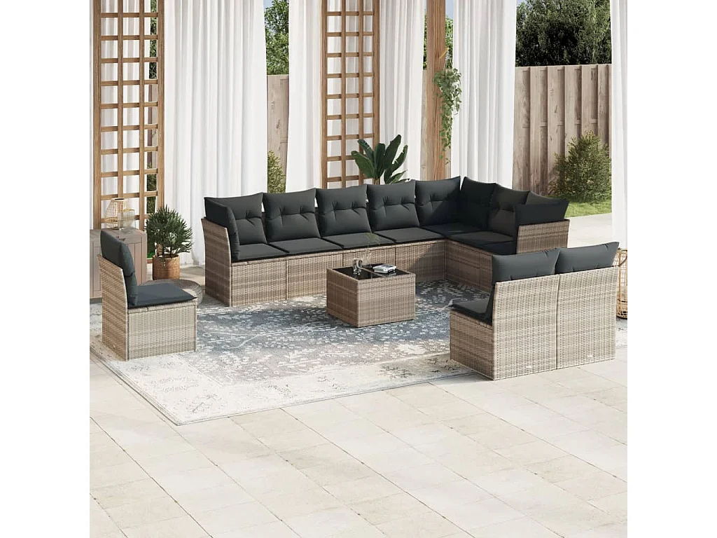 Set de sofás de jardín 11 piezas y cojines ratán sintético gris