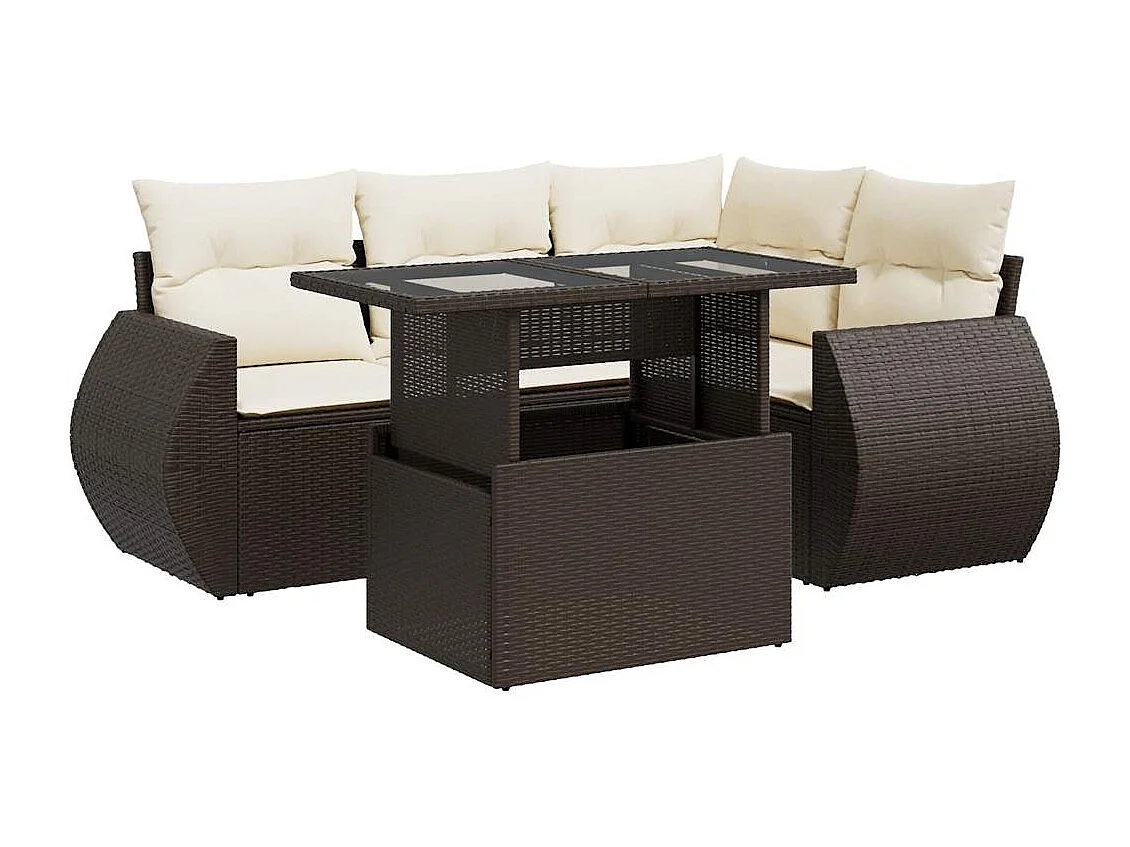 Set comedor de jardín 5 piezas y cojines ratán sintético marrón