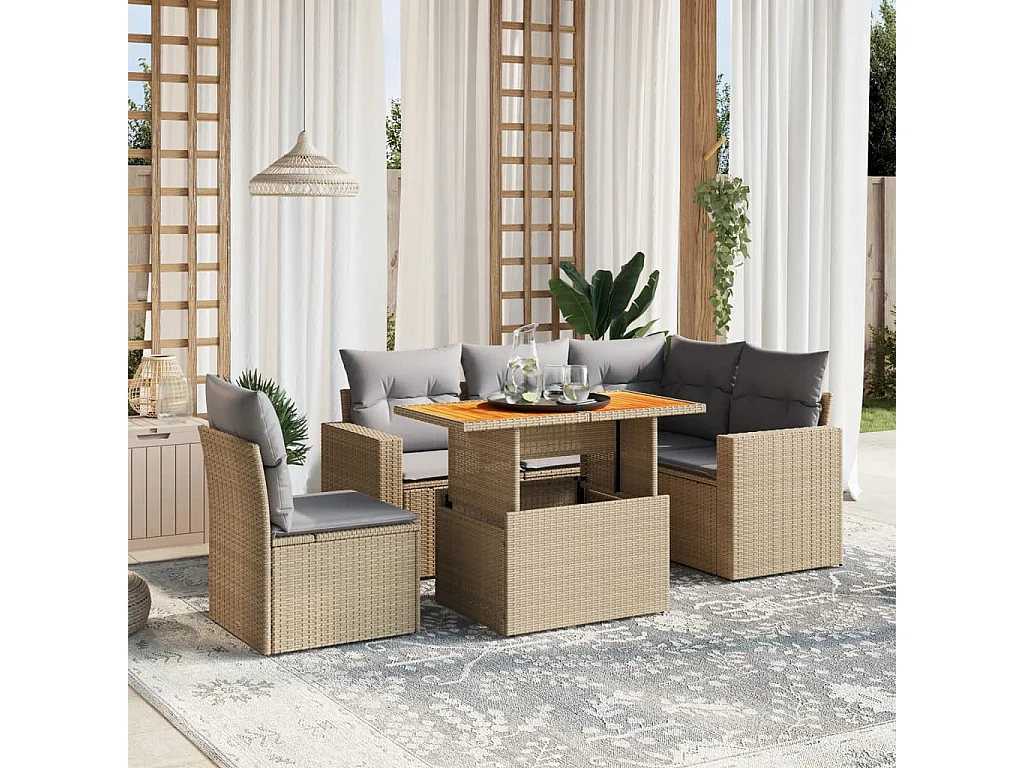 Salon de jardin avec coussins 6 pièces beige résine tressée