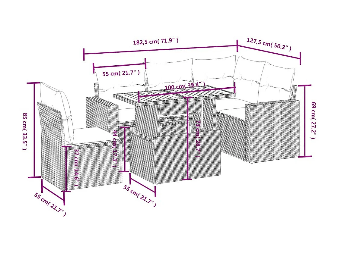 6-delige Loungeset met kussens poly rattan beige
