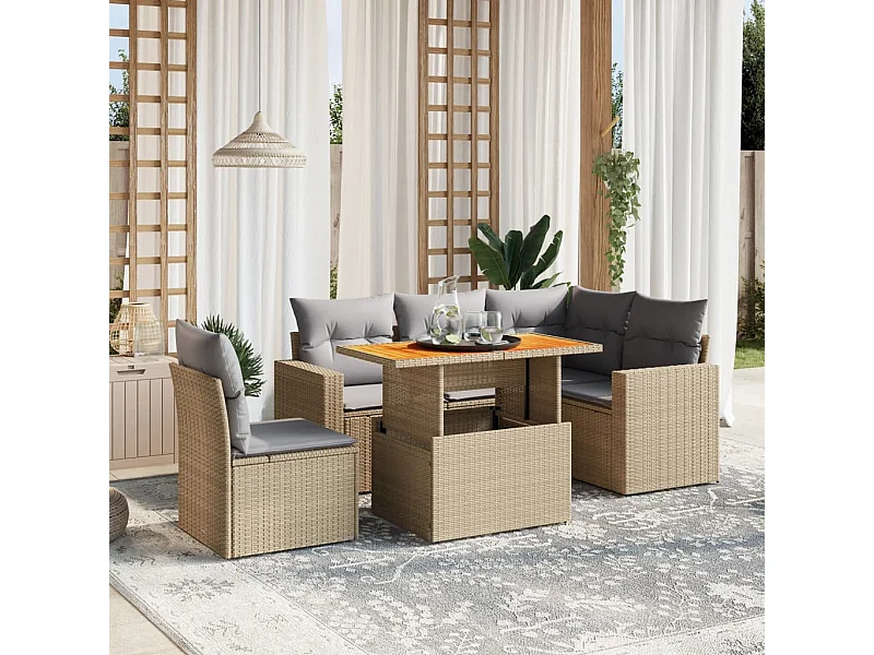 Salon de jardin avec coussins 6 pièces beige résine tressée