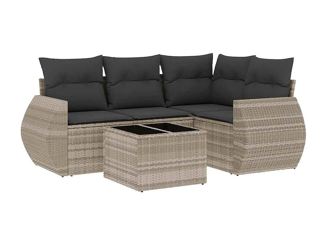 Salon de jardin 5 pièces avec coussins gris clair résine tressée