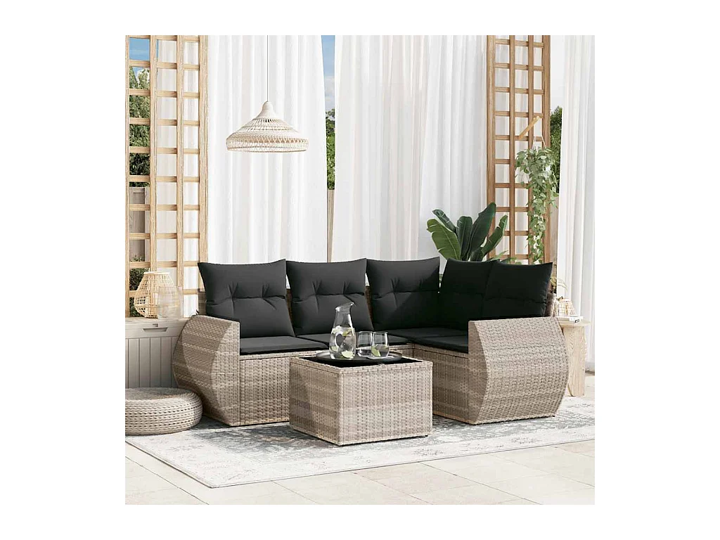 Salon de jardin 5 pièces avec coussins gris clair résine tressée