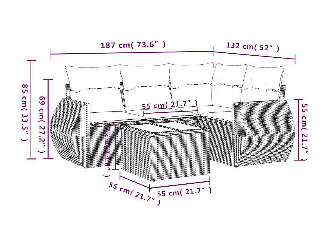 Salon de jardin 5 pièces avec coussins gris clair résine tressée