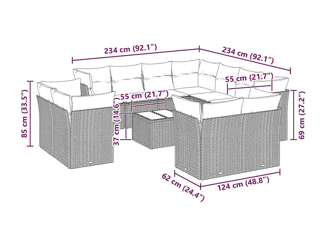 12-delige Loungeset met kussens poly rattan lichtgrijs