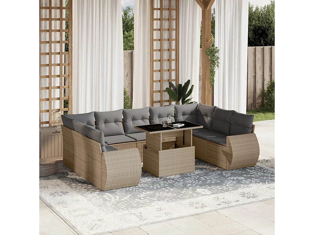 10-delige Loungeset met kussens poly rattan beige