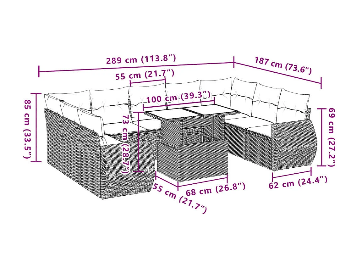 10-delige Loungeset met kussens poly rattan beige