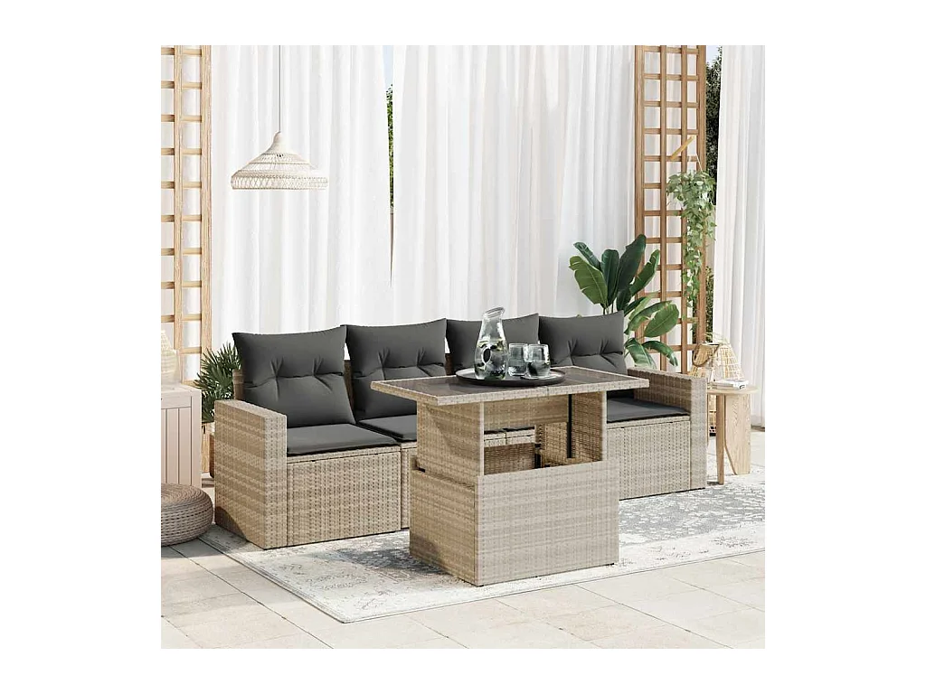 Salon de jardin 5 pièces avec coussins gris clair résine tressée
