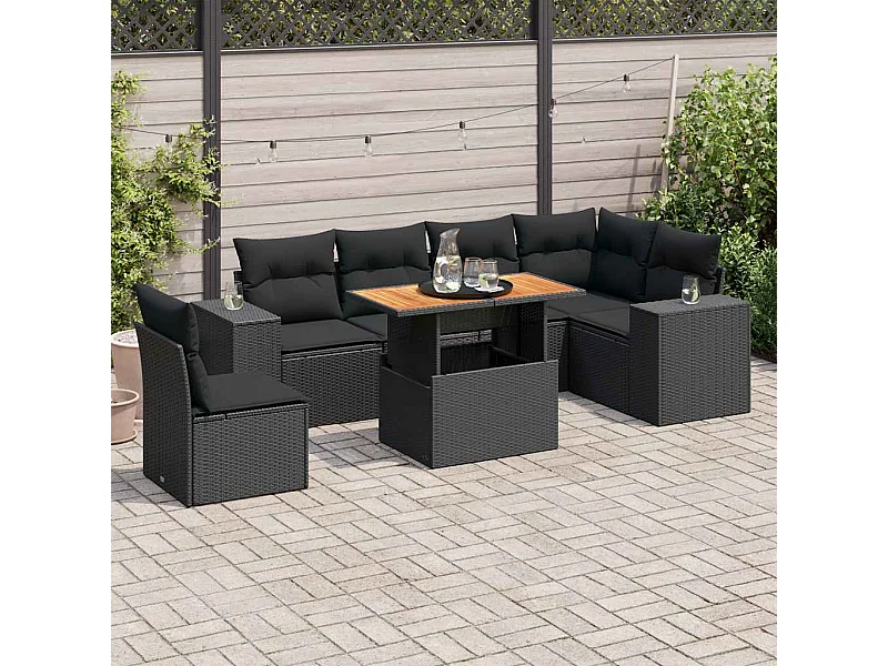Set de sofás de jardín 7 piezas con cojines ratán sintético negro