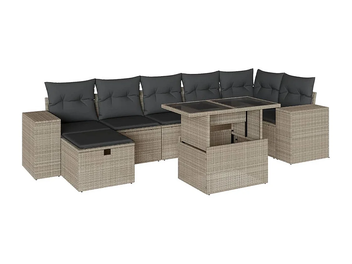 Salon de jardin 8 pièces avec coussins gris clair résine tressée