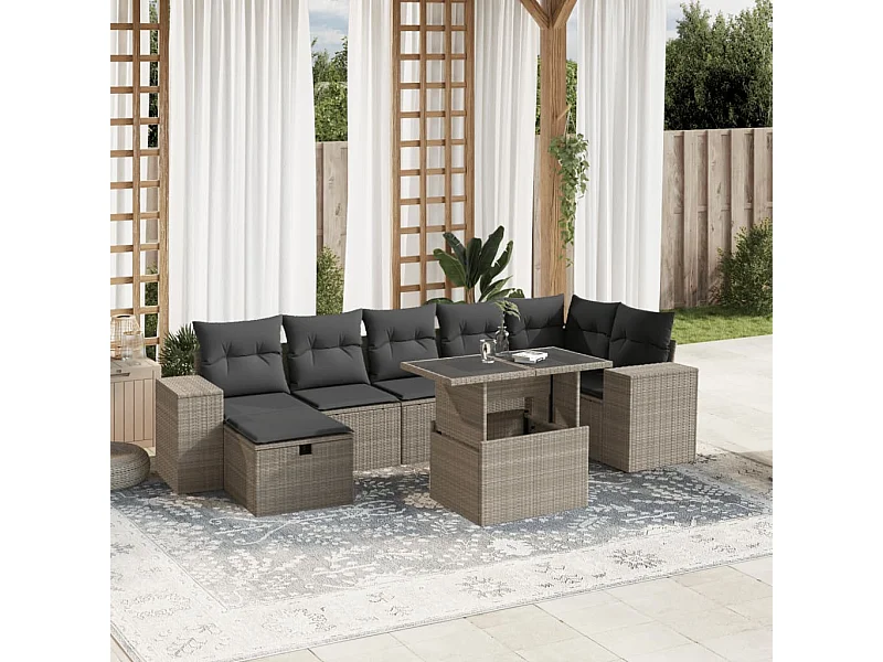 Salon de jardin 8 pièces avec coussins gris clair résine tressée