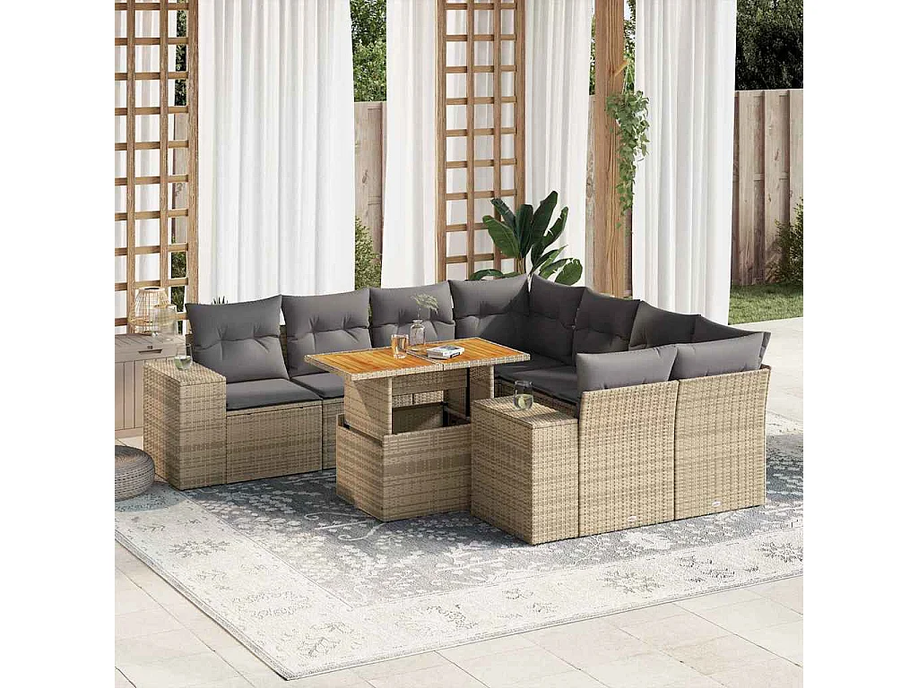 Set de sofás de jardín con cojines 9 piezas ratán sintético beige