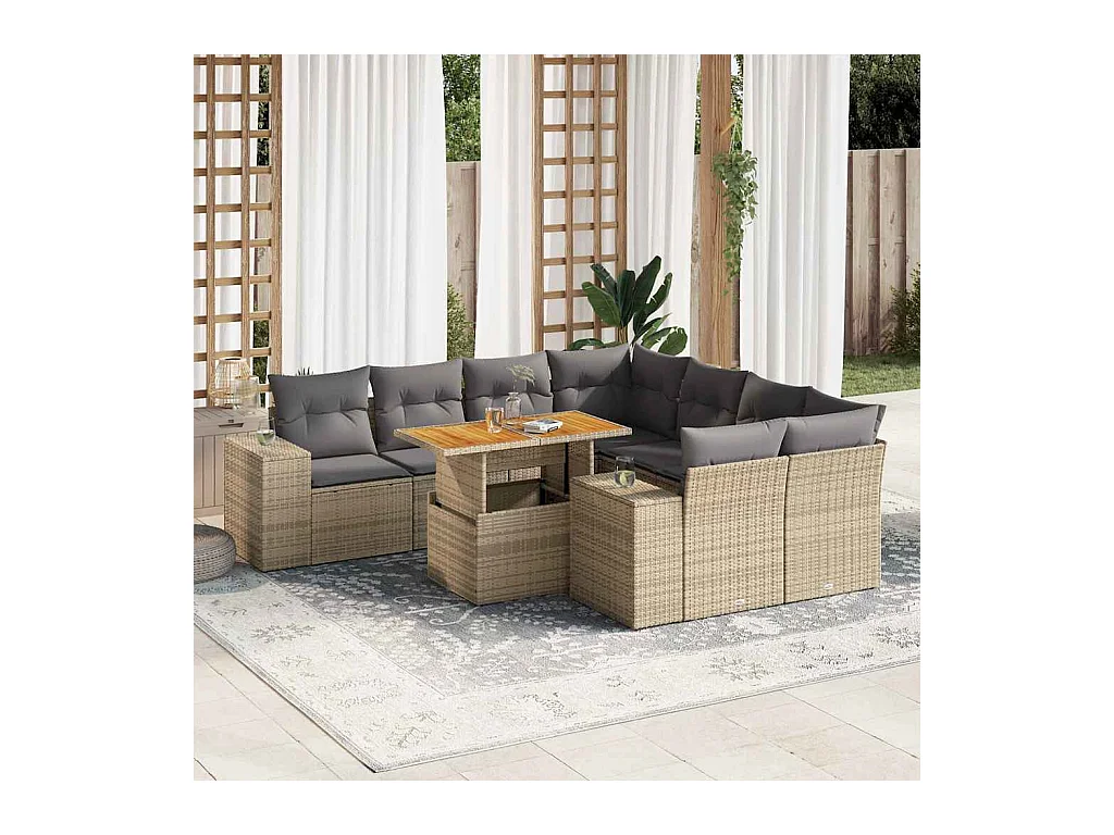 Salon de jardin avec coussins 9 pièces beige résine tressée