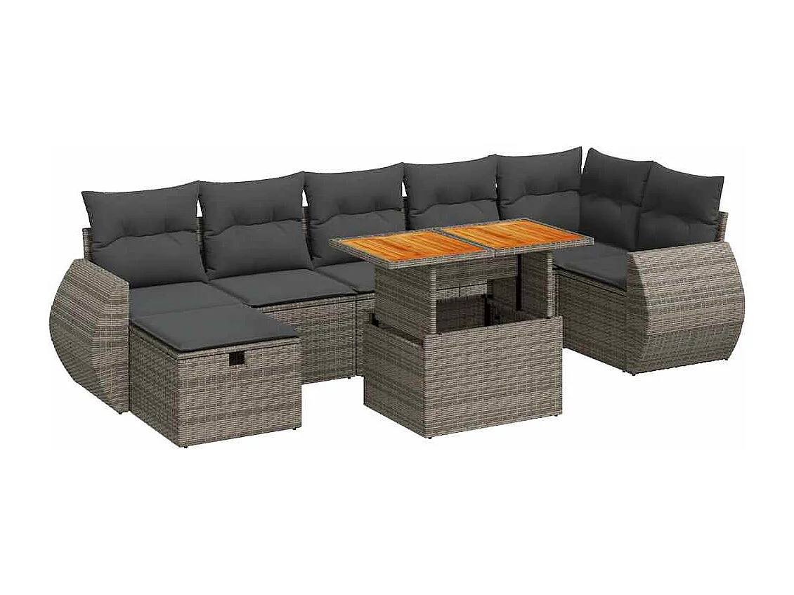 Salon de jardin 5 pièces avec coussins gris résine tressée acacia