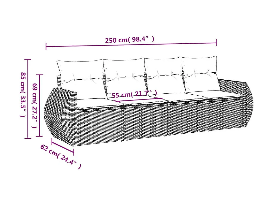 Salon de jardin 4 pièces avec coussins marron résine tressée