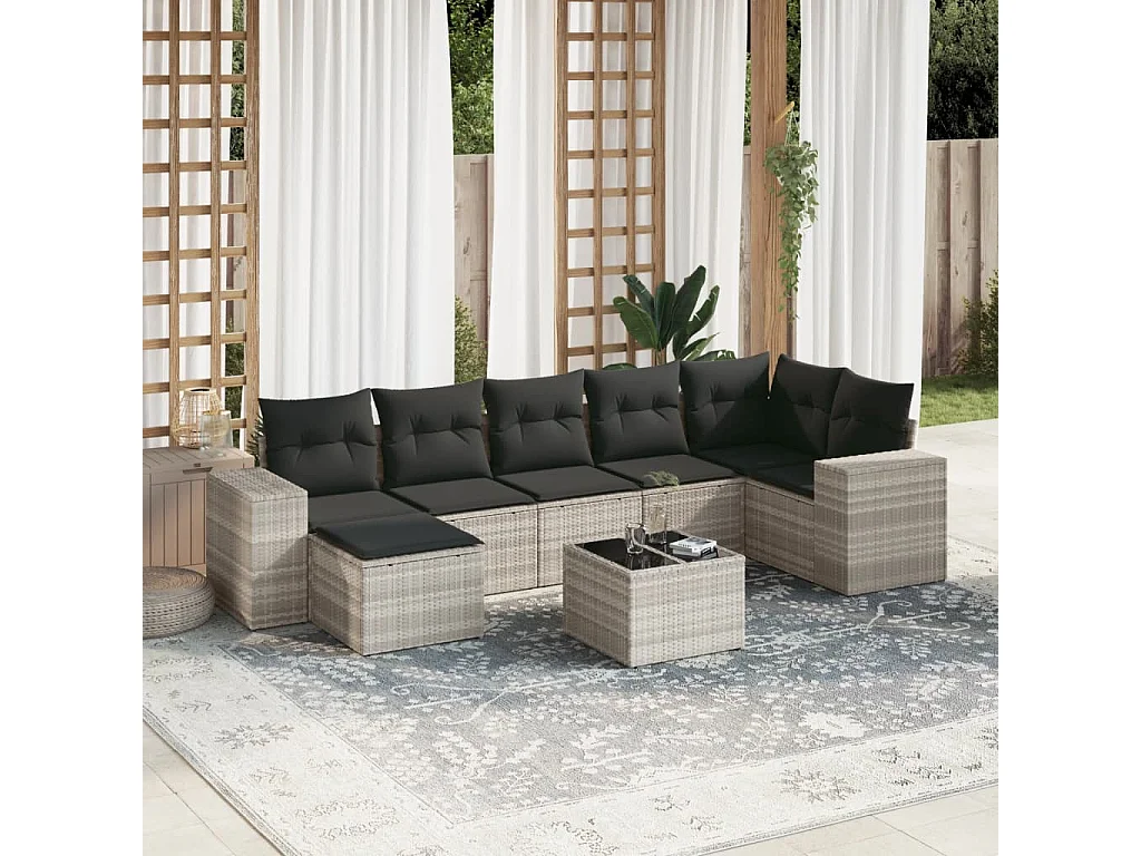 8 peças conj. sofás jardim com almofadões vime PE cinzento-claro
