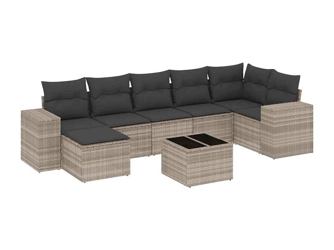 8-delige Loungeset met kussens poly rattan lichtgrijs