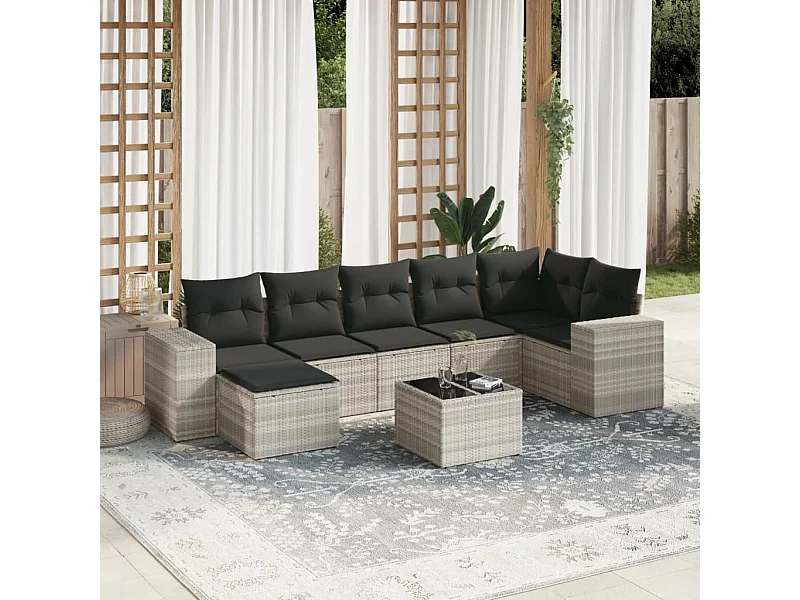 8-delige Loungeset met kussens poly rattan lichtgrijs