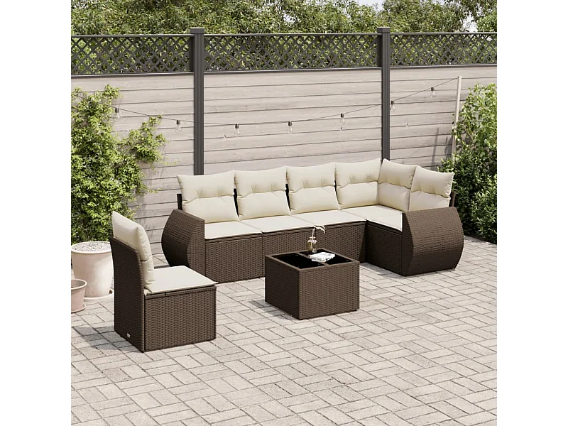 Salon de jardin avec coussins 7 pièces marron résine tressée