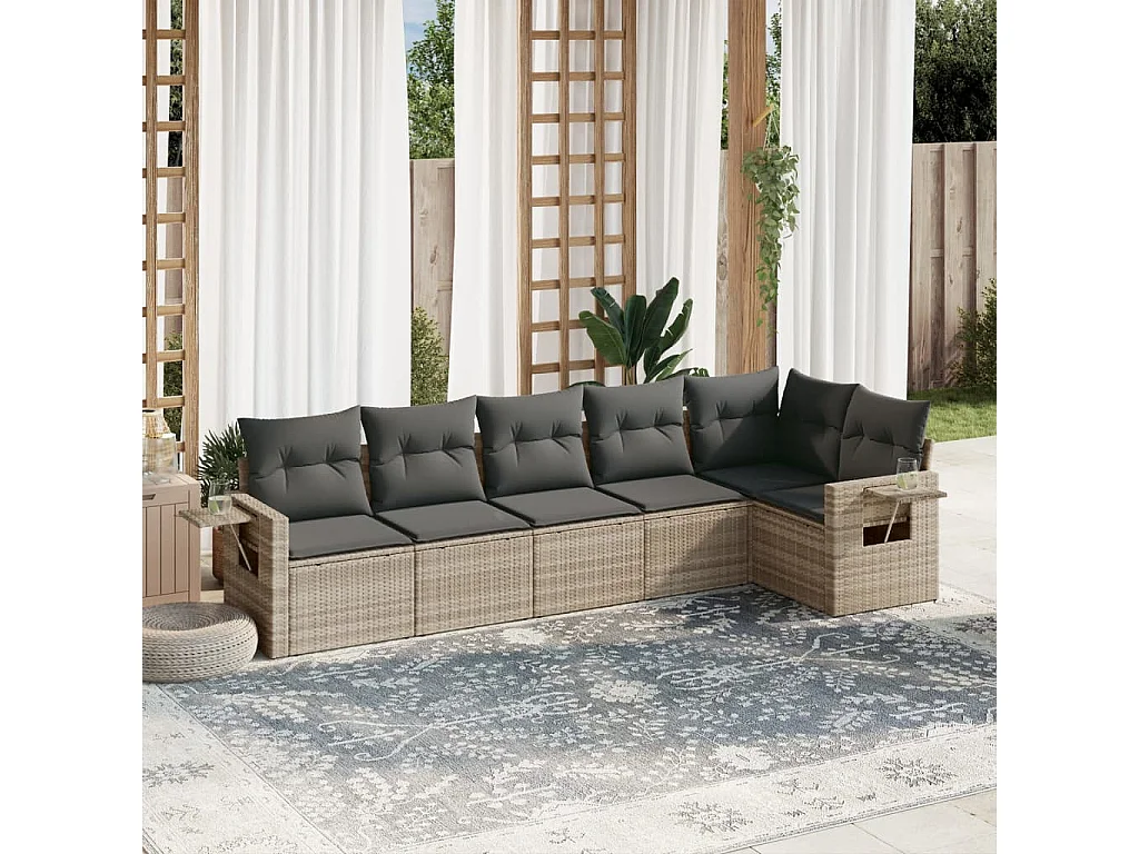Salon de jardin 6 pièces avec coussins gris clair résine tressée