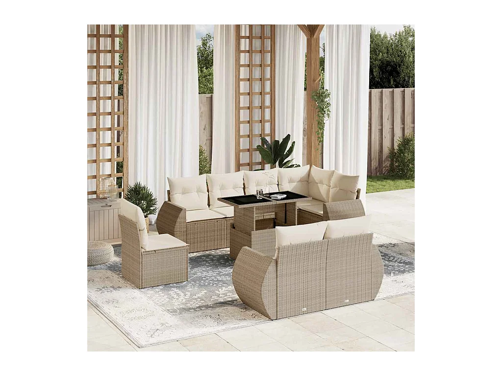 Salon de jardin avec coussins 9 pièces beige résine tressée