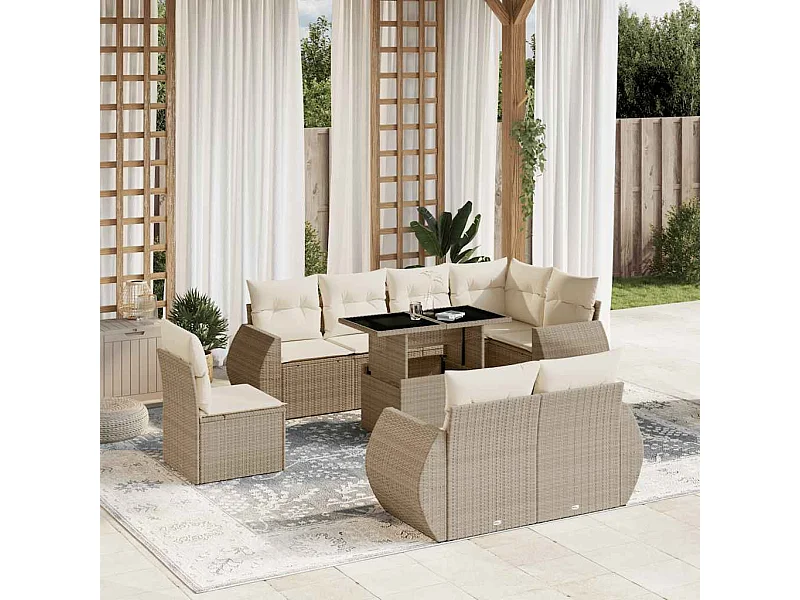 Salon de jardin avec coussins 9 pièces beige résine tressée