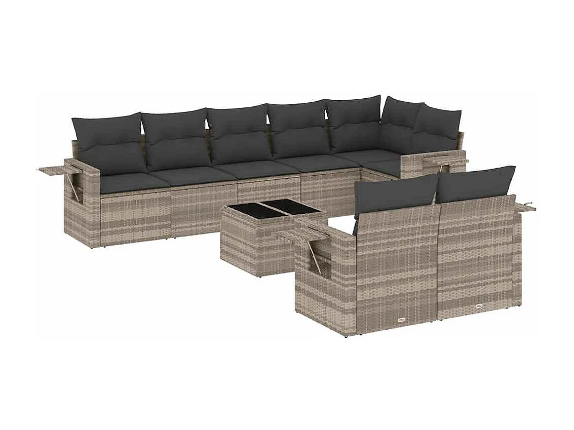Salon de jardin 9 pièces avec coussins gris clair résine tressée