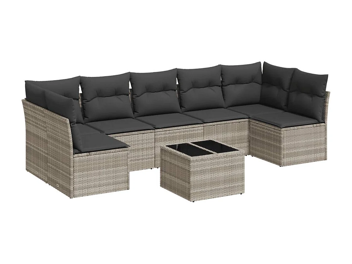 Set de sofás de jardín 8 piezas y cojines ratán sintético gris