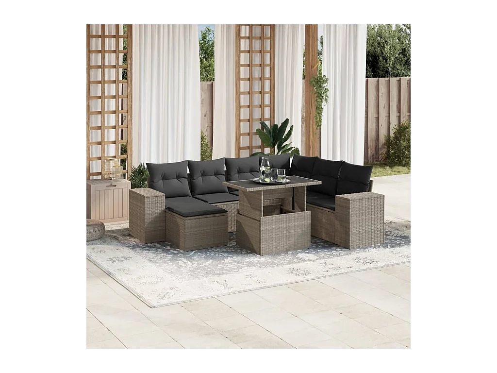 Salon de jardin 8 pièces avec coussins gris clair résine tressée