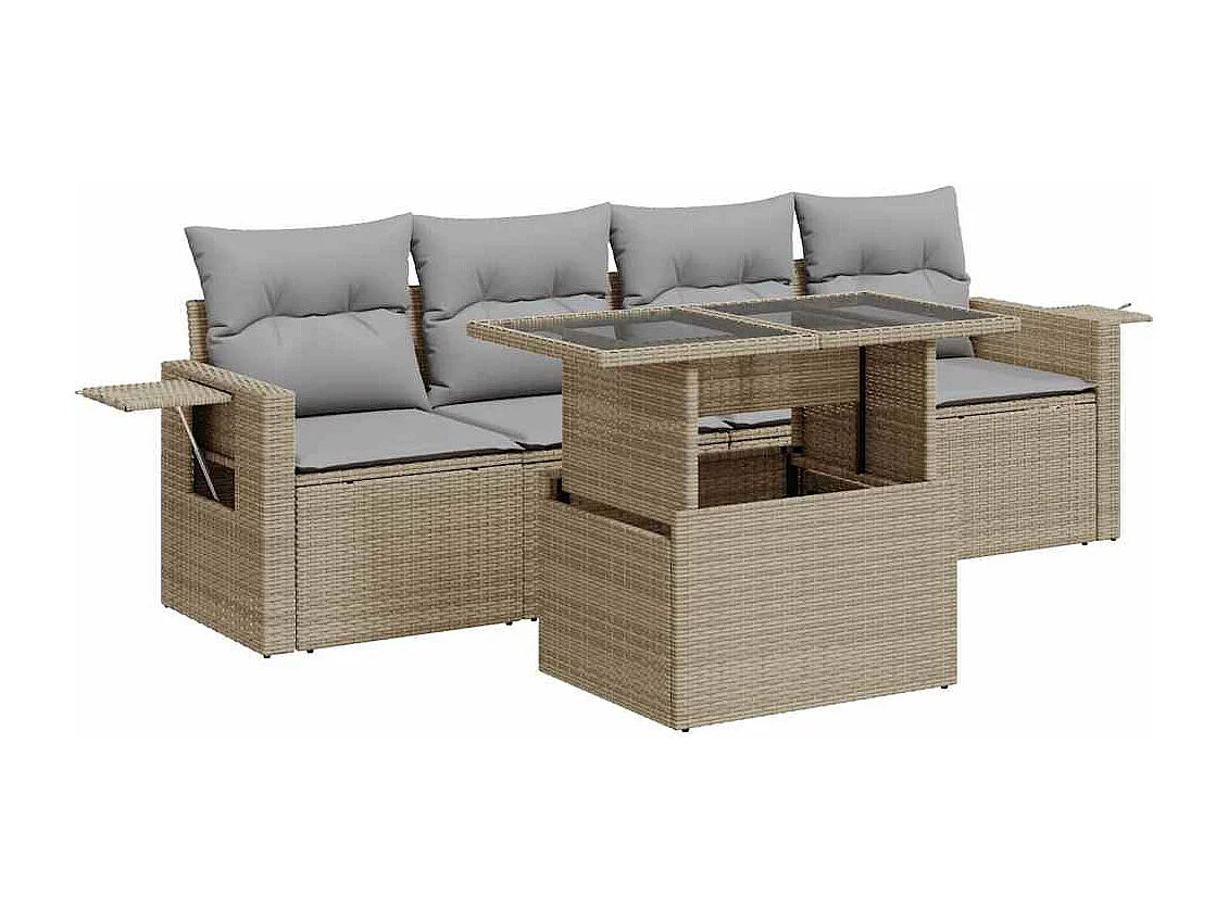 Salon de jardin avec coussins 5 pièces beige résine tressée