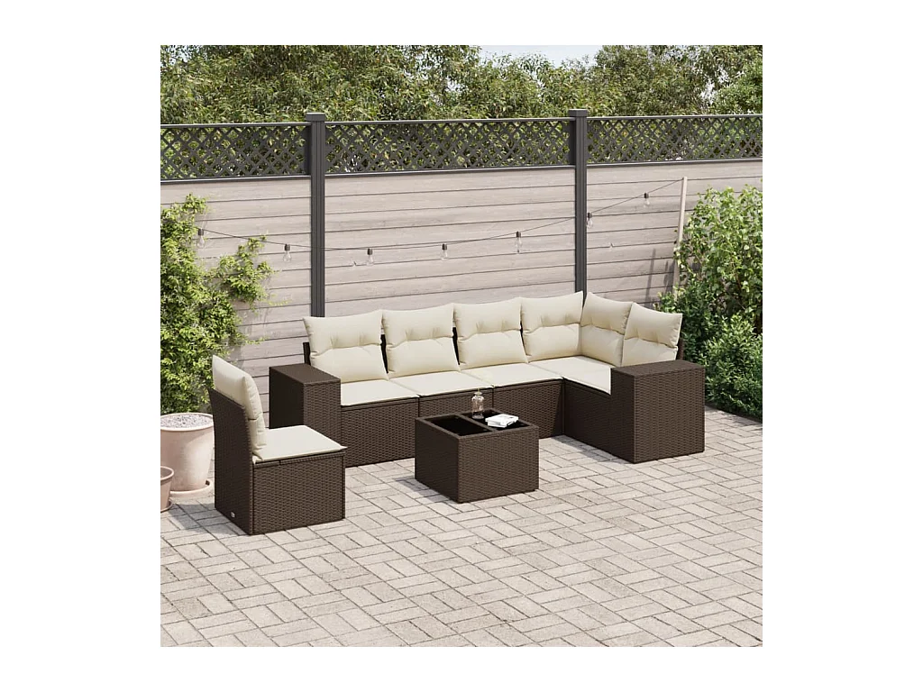 7 peças conjunto de sofás jardim com almofadões vime PE castanho