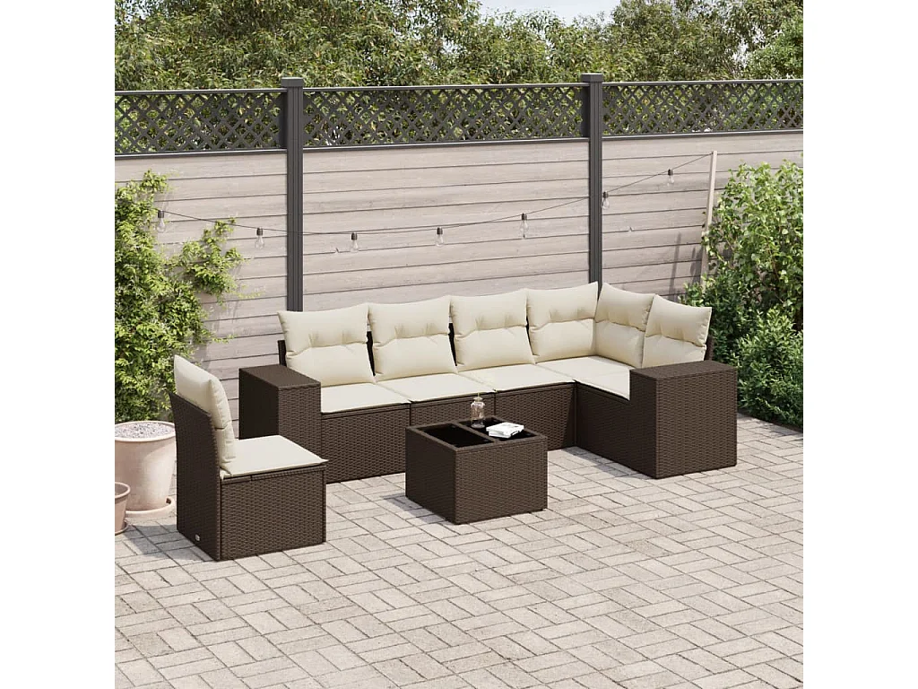 7-delige Loungeset met kussens poly rattan bruin