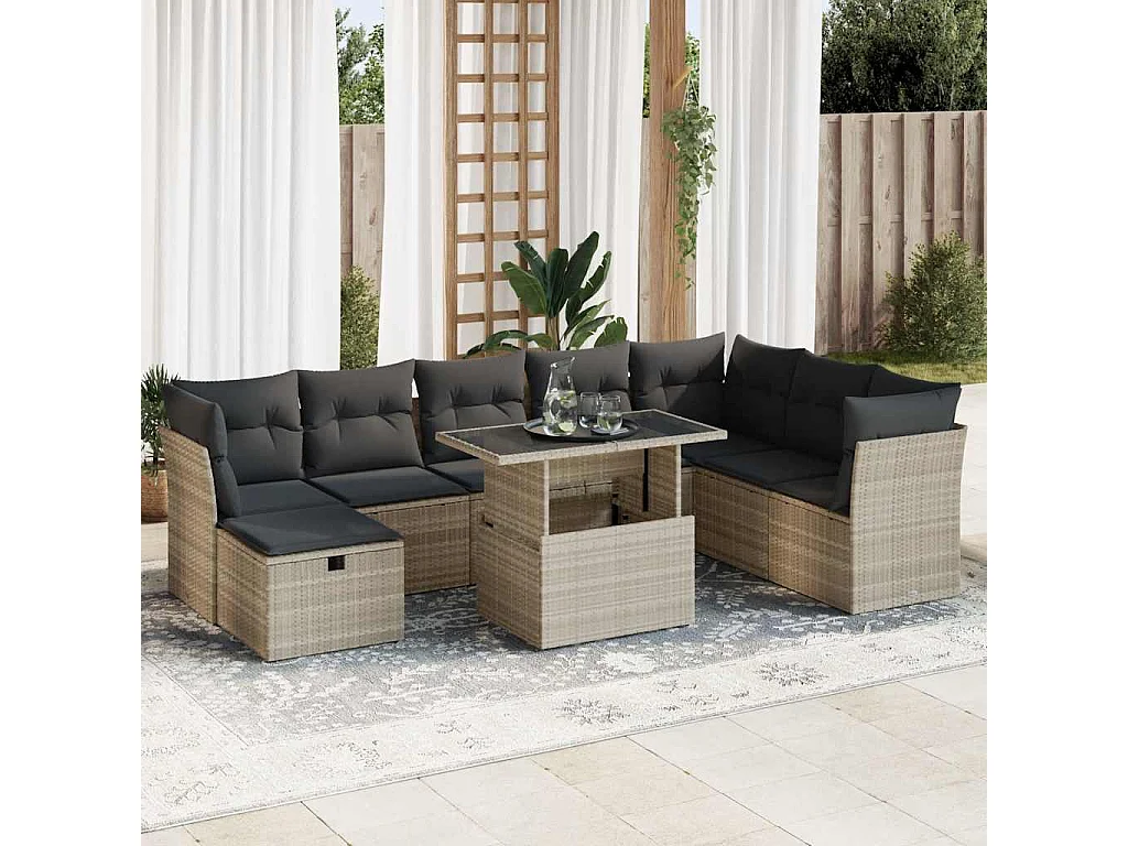 9-delige Loungeset met kussens poly rattan lichtgrijs