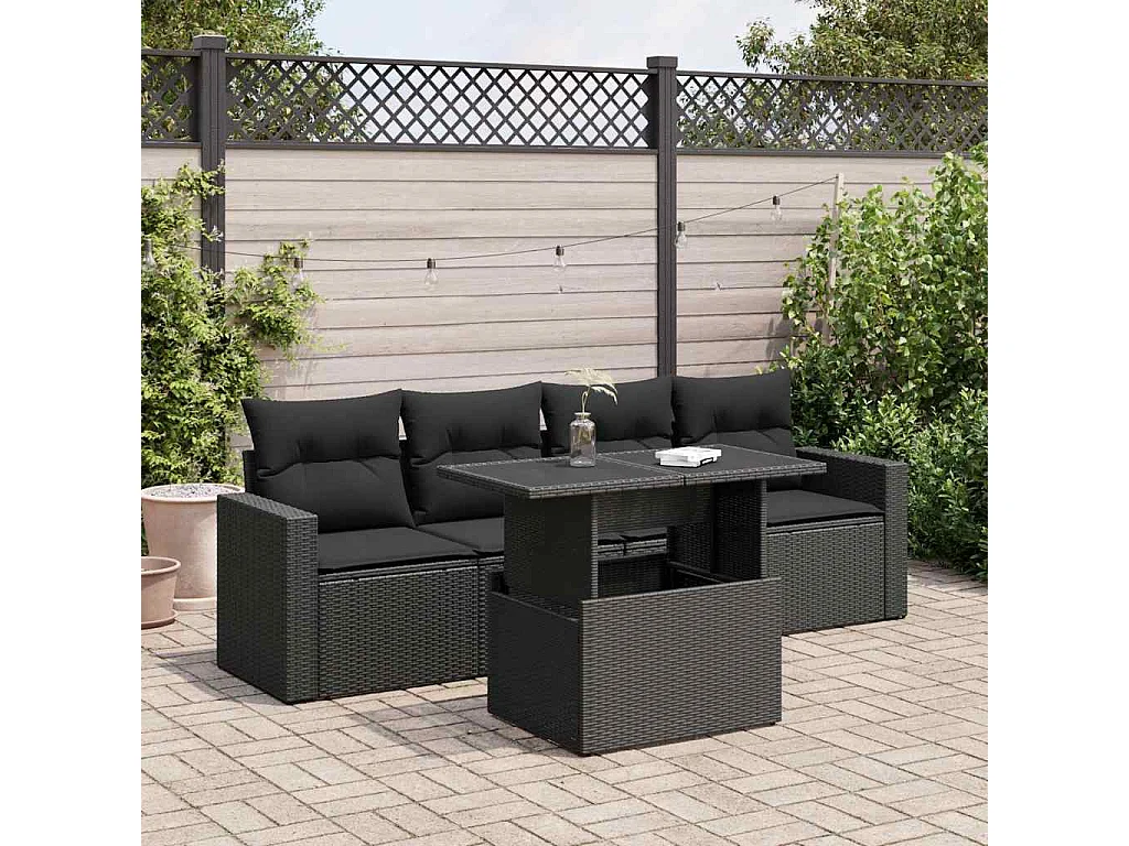 5-delige Loungeset met kussens poly rattan zwart