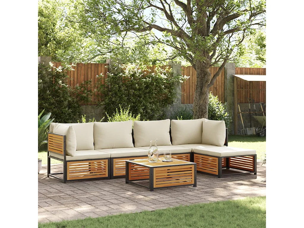 Salon de jardin avec coussins 6 pièces bois d'acacia solide