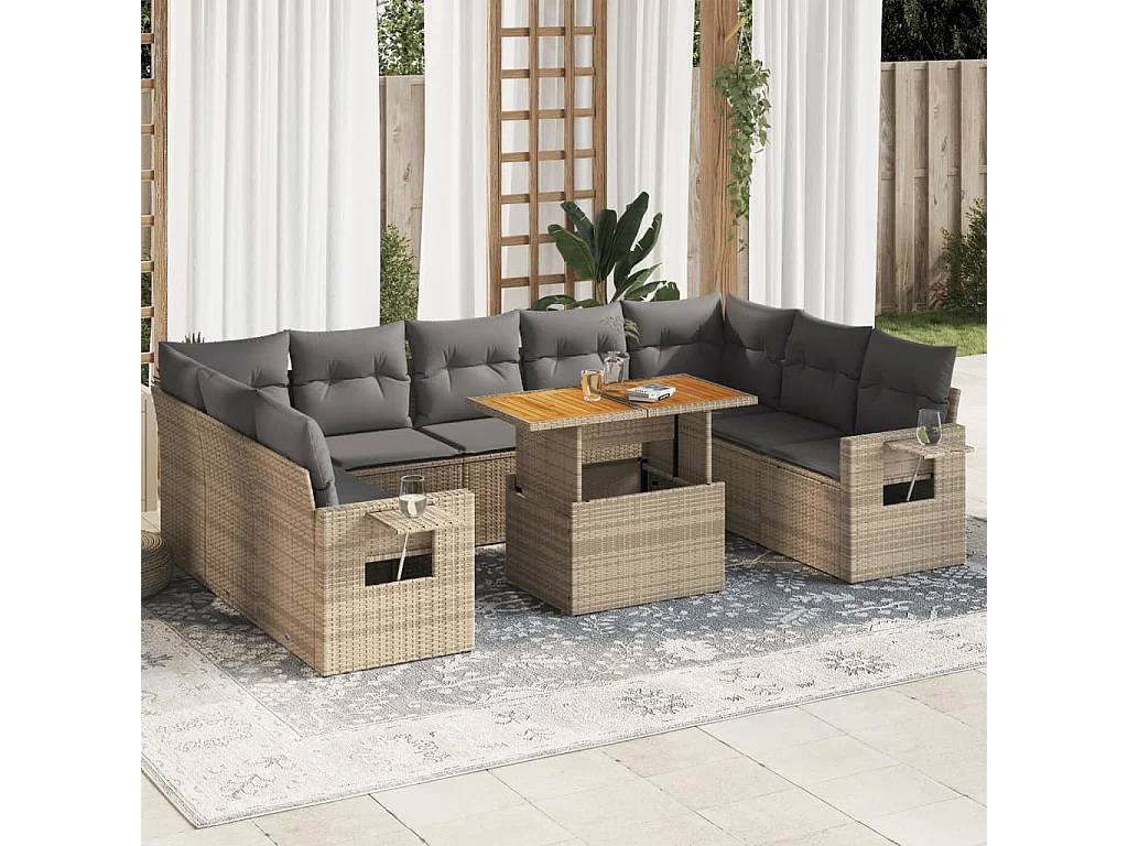 Salon de jardin avec coussins 10 pièces beige résine tressée