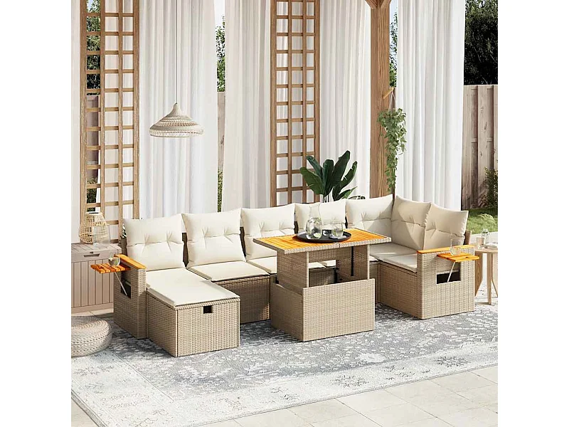 8 peças conjunto de sofás para jardim com almofadões vime PE bege