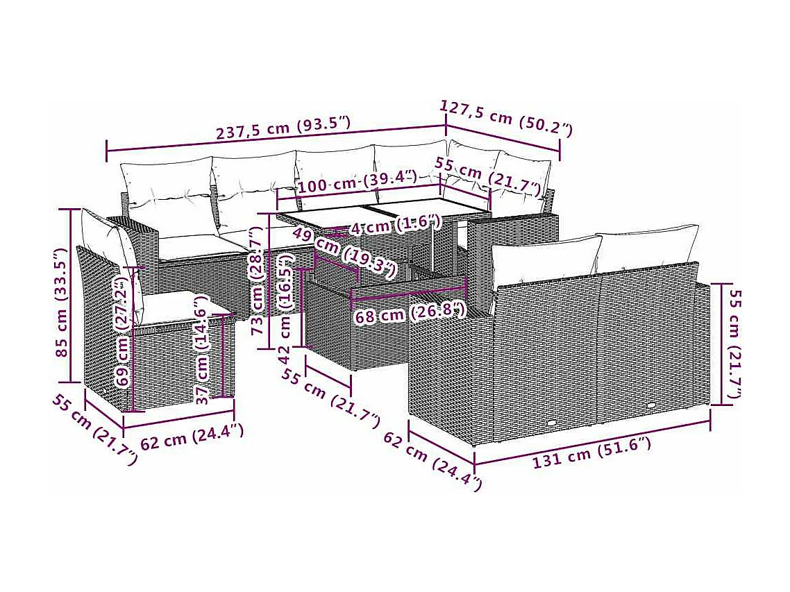 Salon de jardin avec coussins 9 pièces beige résine tressée