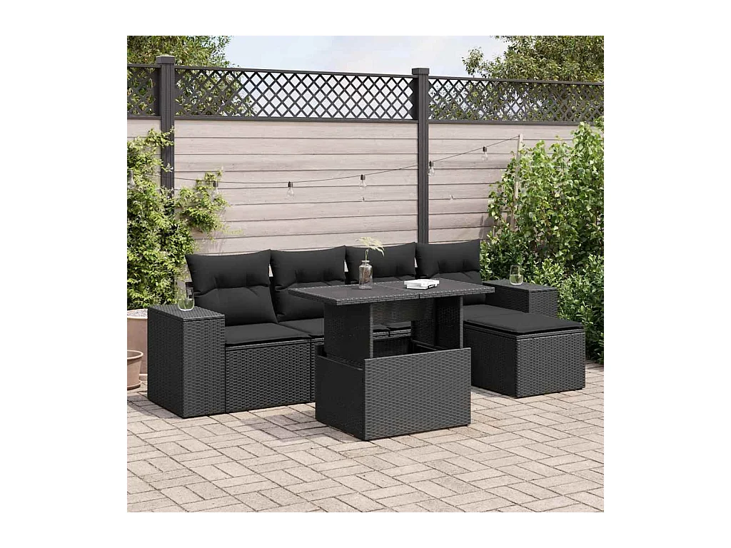 Salon de jardin 6 pièces avec coussins noir résine tressée
