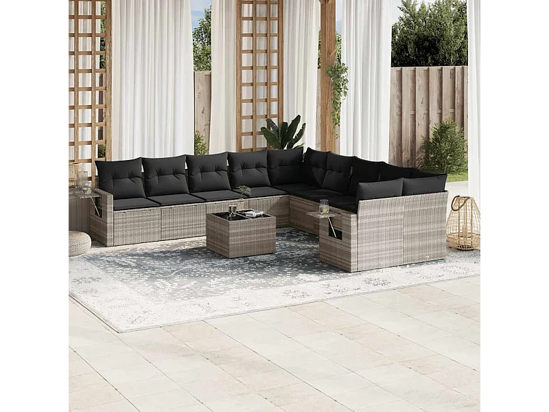 Salon de jardin 11 pièces avec coussins gris clair résine tressée