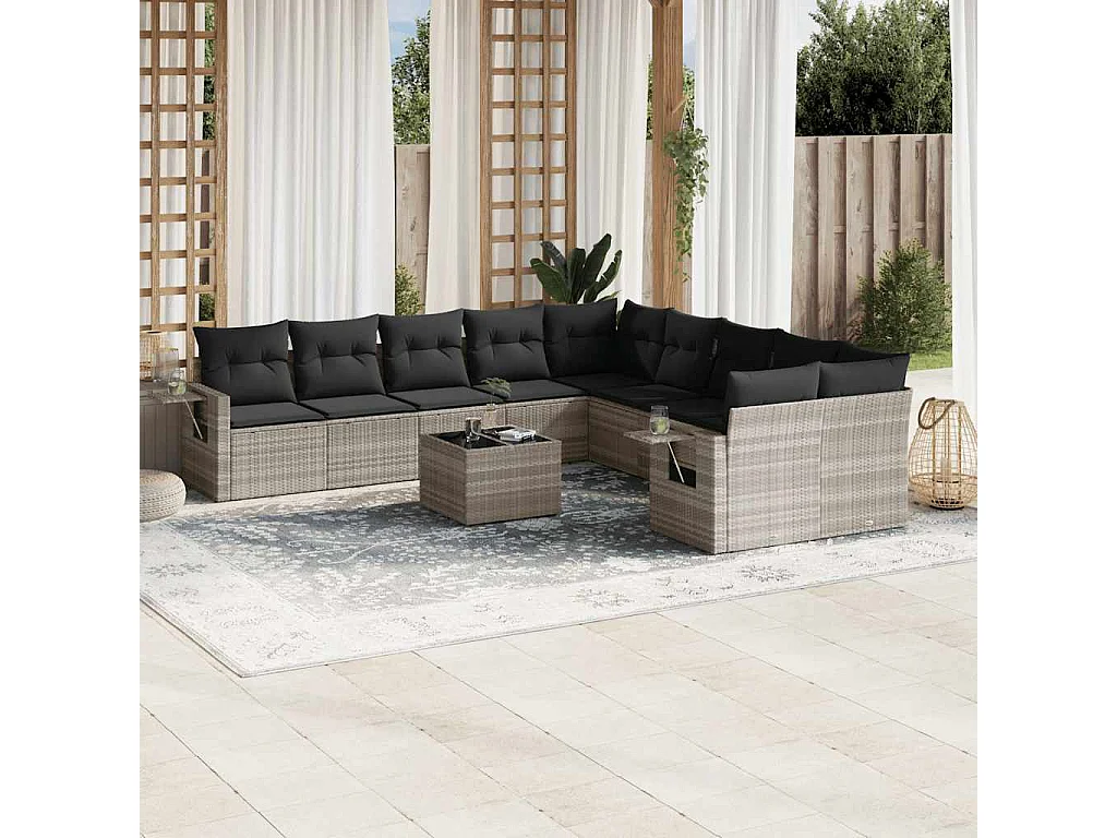 Salon de jardin 11 pièces avec coussins gris clair résine tressée