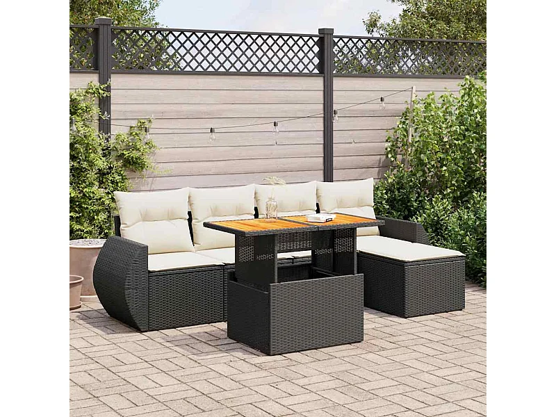 6-delige Loungeset met kussens poly rattan zwart