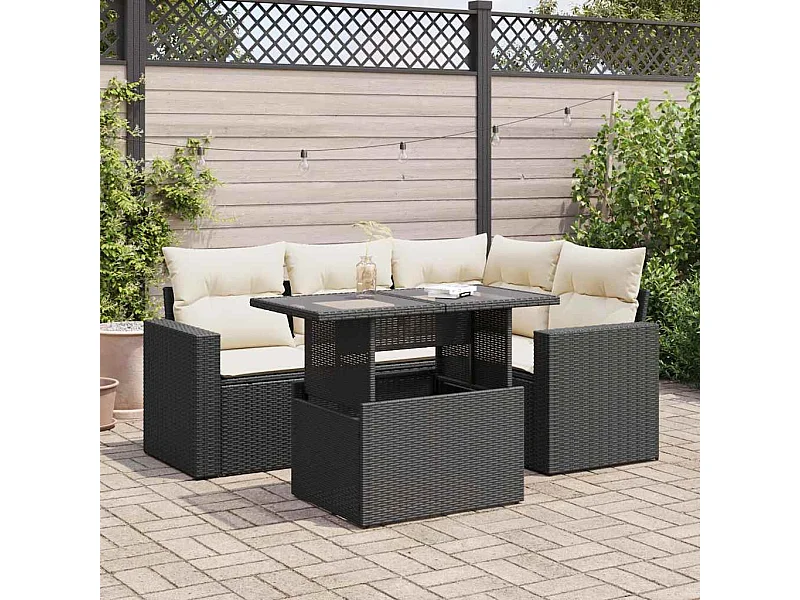 Salon de jardin 5 pièces avec coussins noir résine tressée