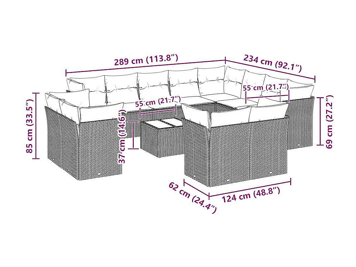 13 peças conj. sofás jardim com almofadões vime PE cinzento-claro