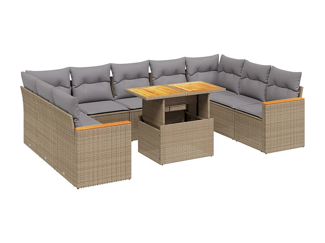 10-delige Loungeset met kussens poly rattan beige