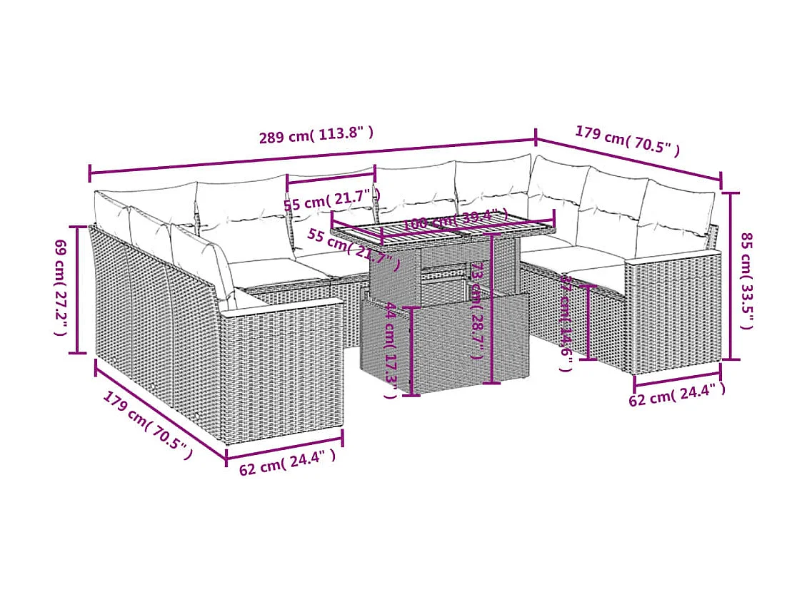 10-delige Loungeset met kussens poly rattan beige